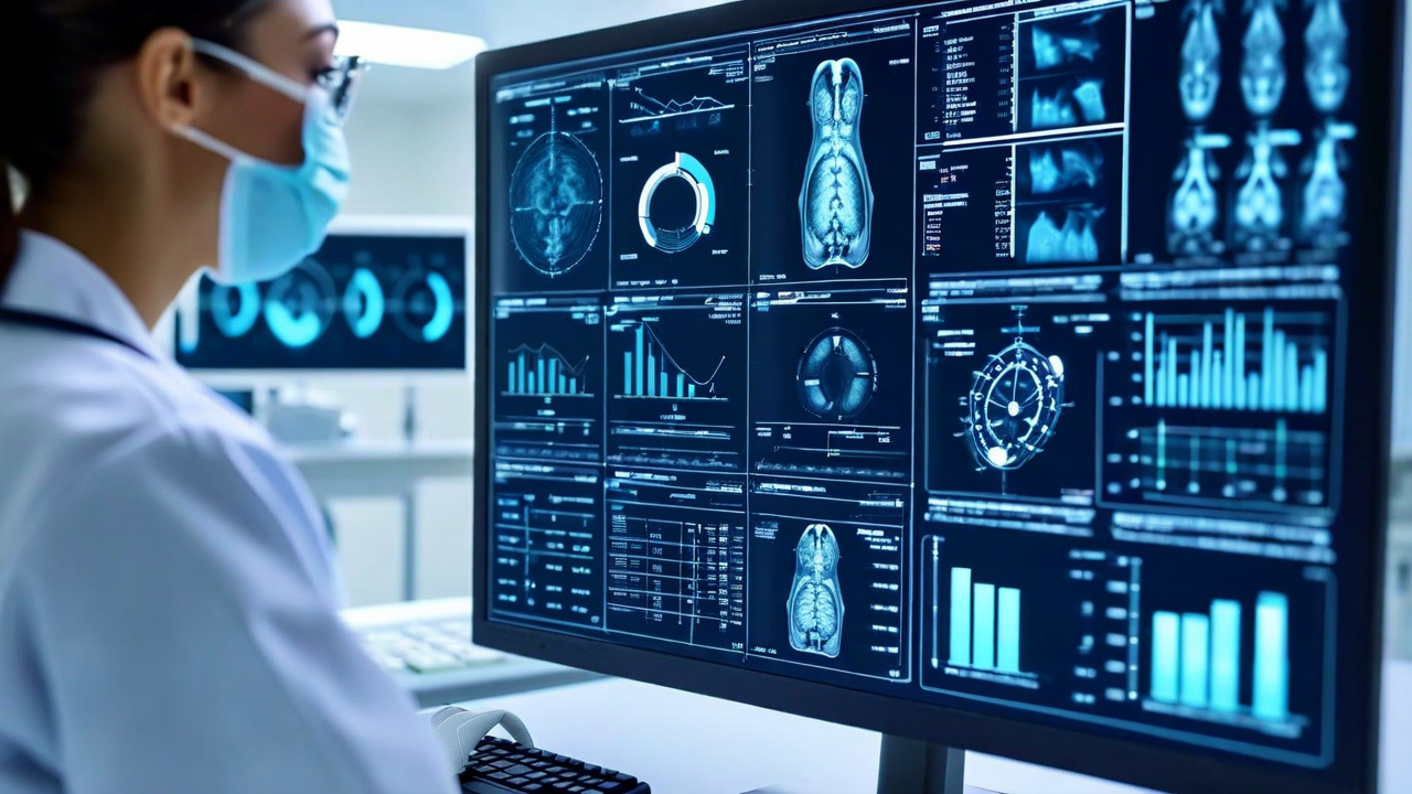 Radiology worklist dashboard with AI triage queue —
